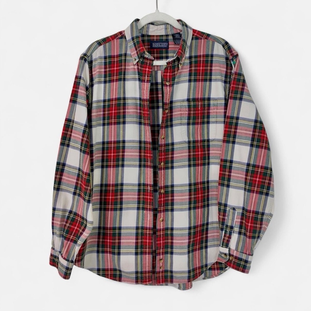 Vintage Lands End 90s Flannel Cotton Shirt Tartan Plaid Grunge Women's Size L